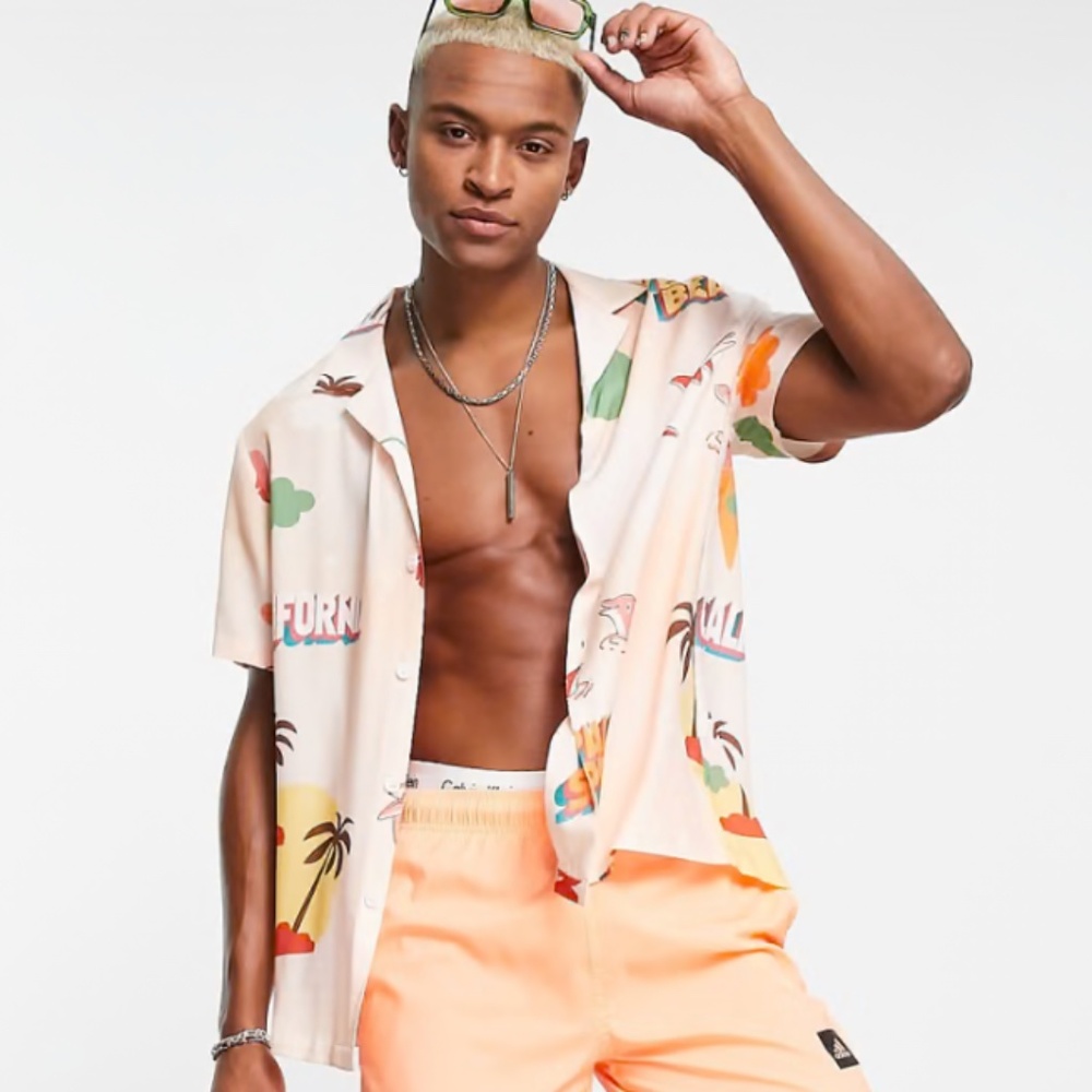 ASOS DESIGN Relaxed Revere Button Down Shirt in Venice Beach Print Size Small